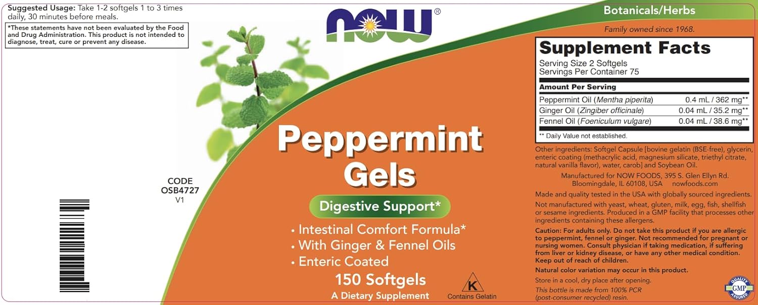 NOW Foods Peppermint Gels with Ginger and Fennel Oil, 150 Enteric Coated Softgels