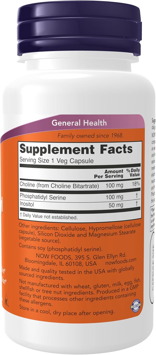 NOW Foods Phosphatidyl Serine 100 mg Supplements - 60 Veg Capsules, Soy Lecithin Compound