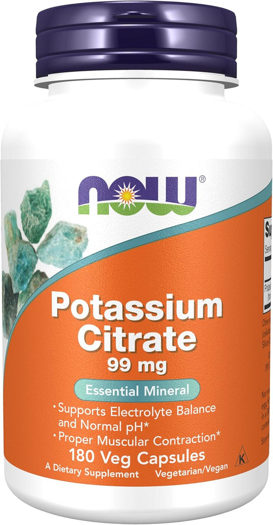 NOW Foods Potassium Citrate 99 mg Capsules - Electrolyte Balance Support - Essential Mineral Supplement for Normal pH - 180 Count