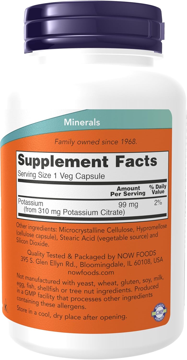 NOW Foods Potassium Citrate 99 mg Capsules - Electrolyte Balance Support - Essential Mineral Supplement for Normal pH - 180 Count