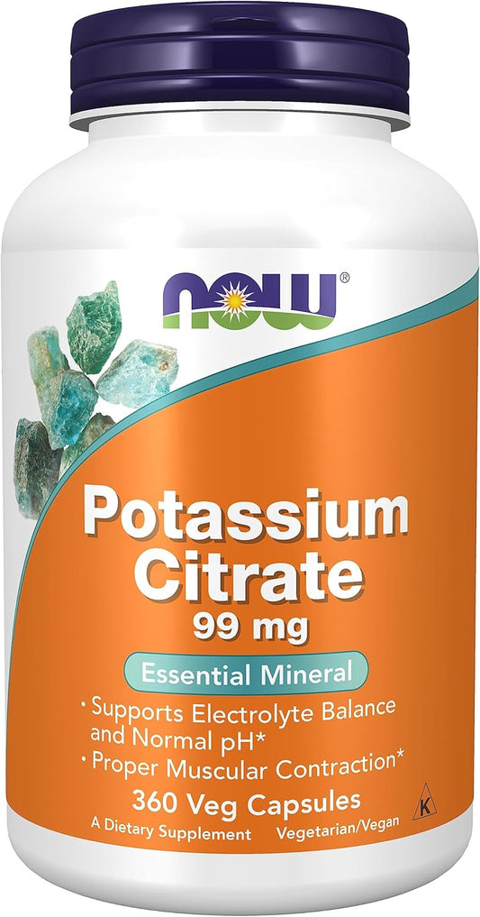 NOW Foods Potassium Citrate Capsules - 99 mg, Promotes Electrolyte Balance, Supports Normal pH Levels, Essential Mineral - 360 Veg Caps