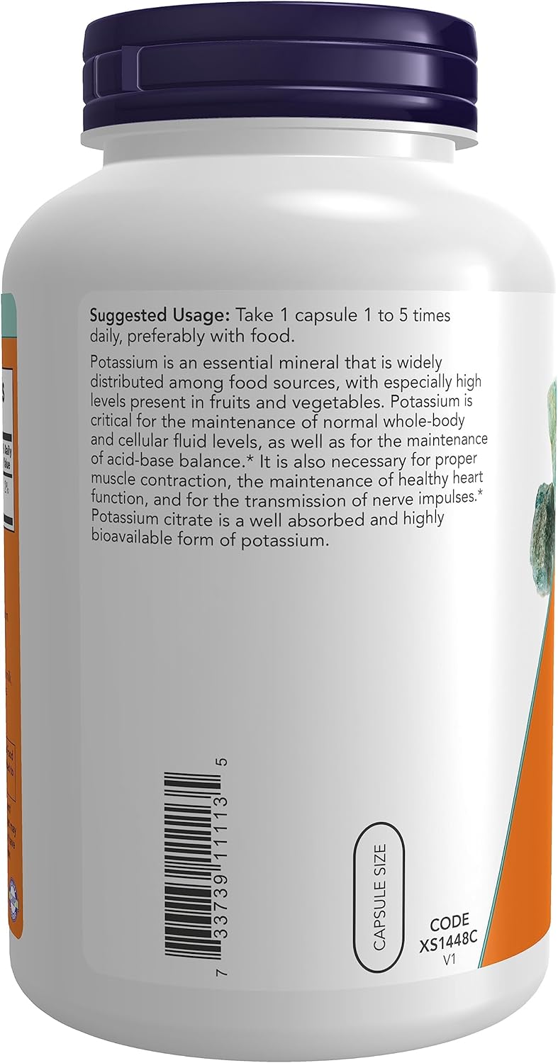 NOW Foods Potassium Citrate Capsules - 99 mg, Promotes Electrolyte Balance, Supports Normal pH Levels, Essential Mineral - 360 Veg Caps