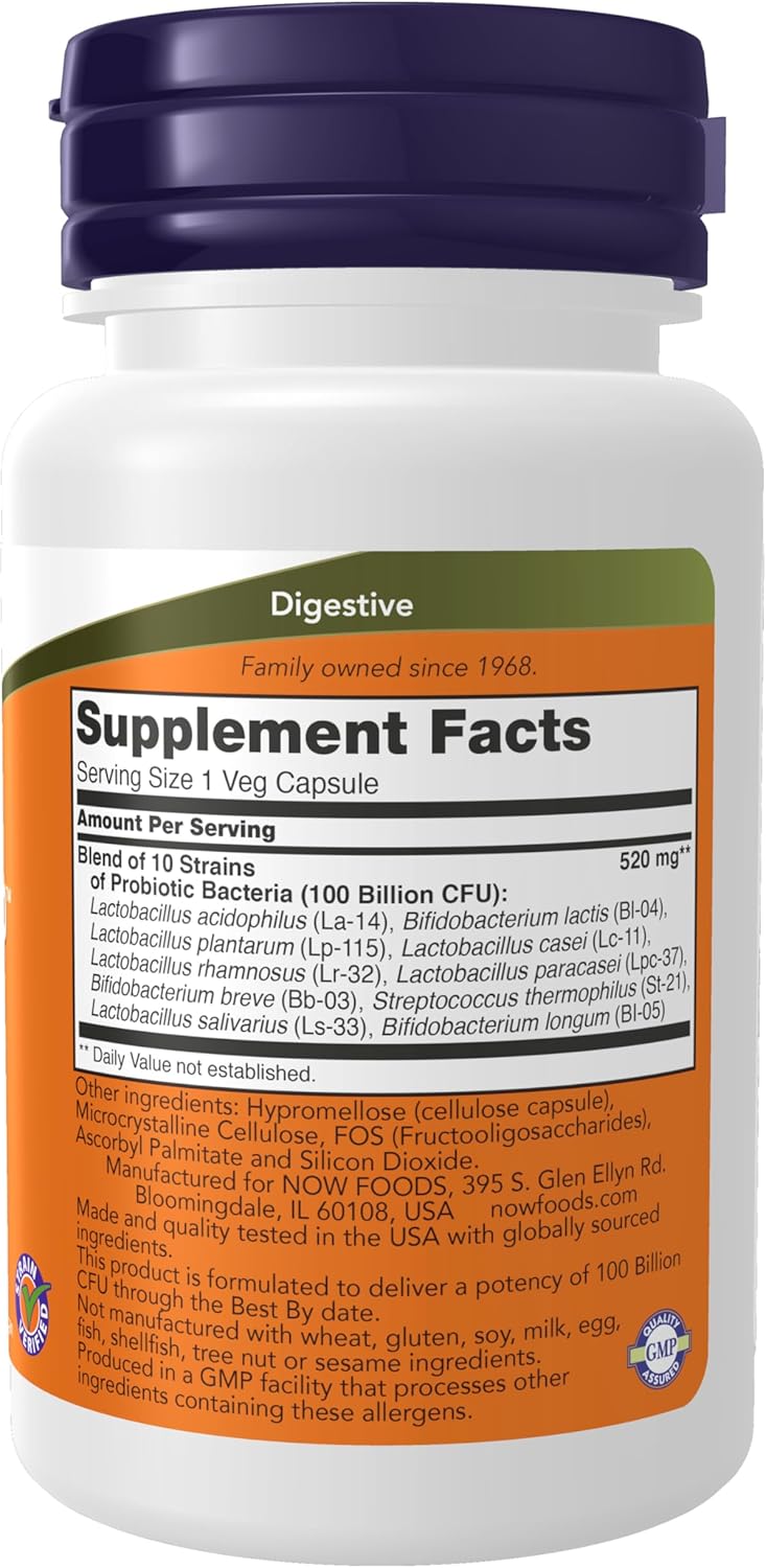 NOW Foods Probiotic-10™ 100 Billion with 10 Strains Dairy Soy Gluten Free 30 Veg Capsules