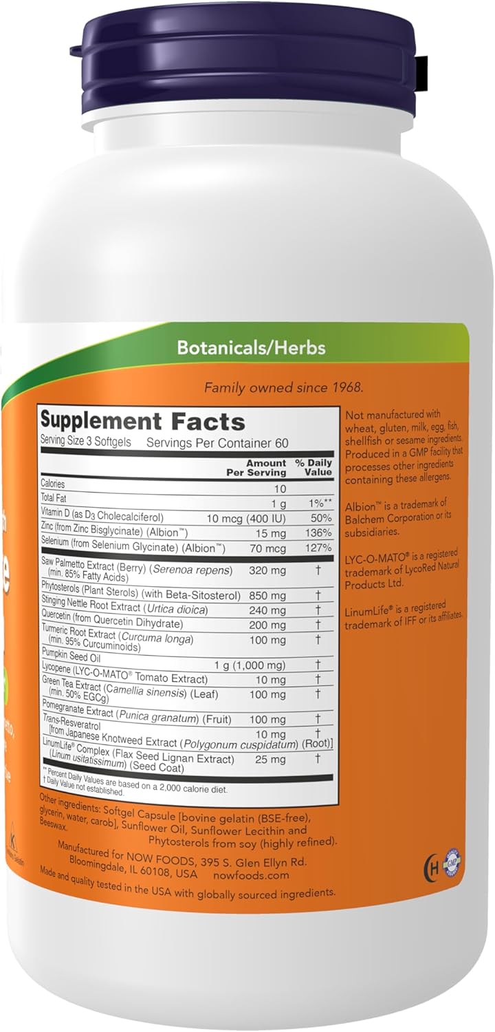 NOW Foods Prostate Health Supplements - 180 Softgels with Clinical Strength Saw Palmetto, Beta-Sitosterol, and Lycopene for Men's Health