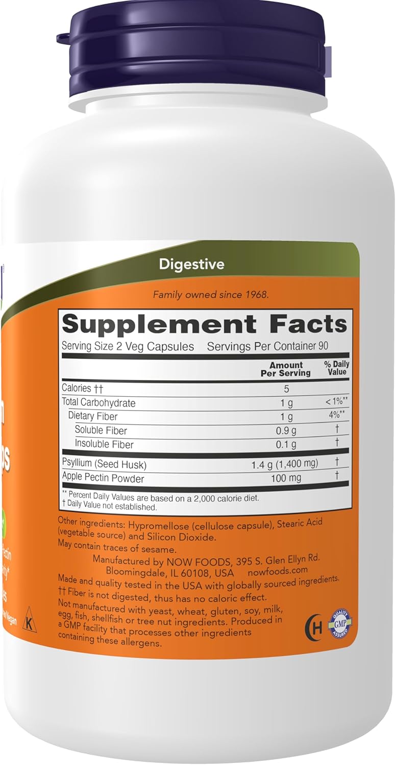 NOW Foods Psyllium Husk Capsules with Apple Pectin for Intestinal Health - 180 Veg Caps