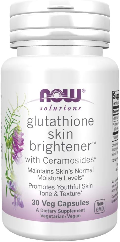 NOW Foods Solutions Glutathione Skin Brightener with Ceramosides, 30 Veg Capsules - Moisturizing and Illuminating Formula