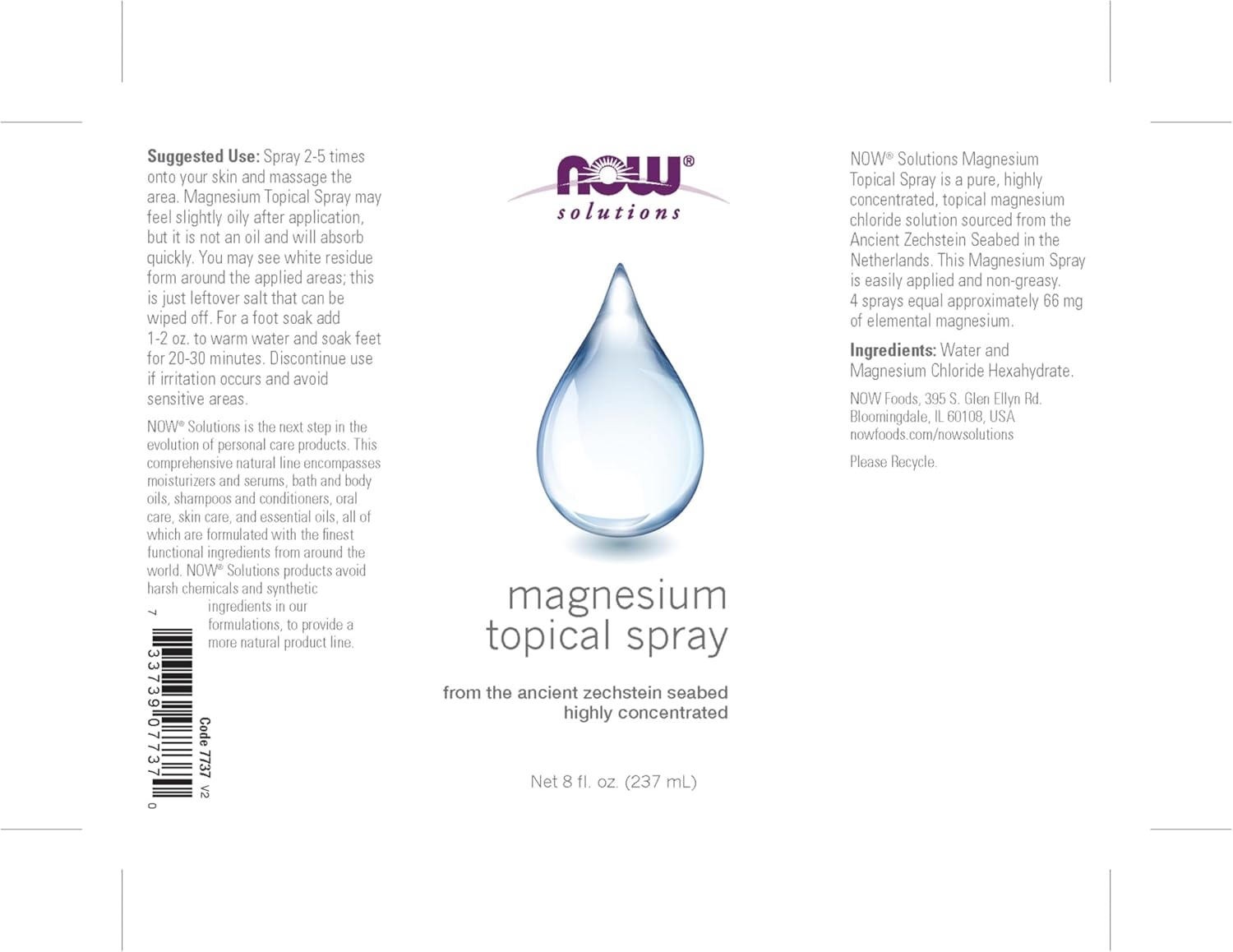 NOW Foods Solutions Magnesium Topical Spray - Highly Concentrated 8 Fl Oz - Ancient Zechstein Seabed Formula