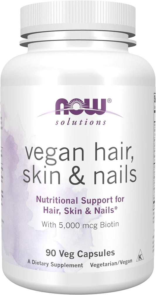 NOW Foods Solutions, Vegan Hair, Skin & Nails Support - 5,000 mcg Biotin - 90 Veg Capsules