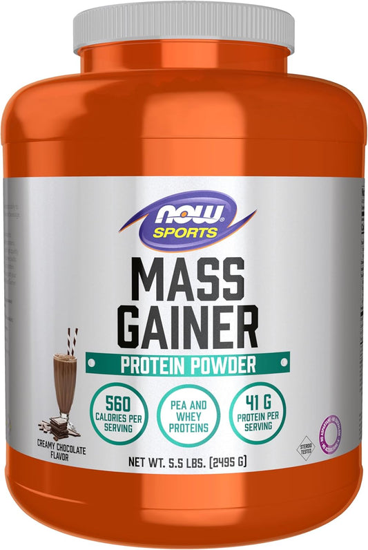 NOW Foods Sports Mass Gainer Protein Powder, Chocolate Pea & Whey Blend, 5.5 lbs.