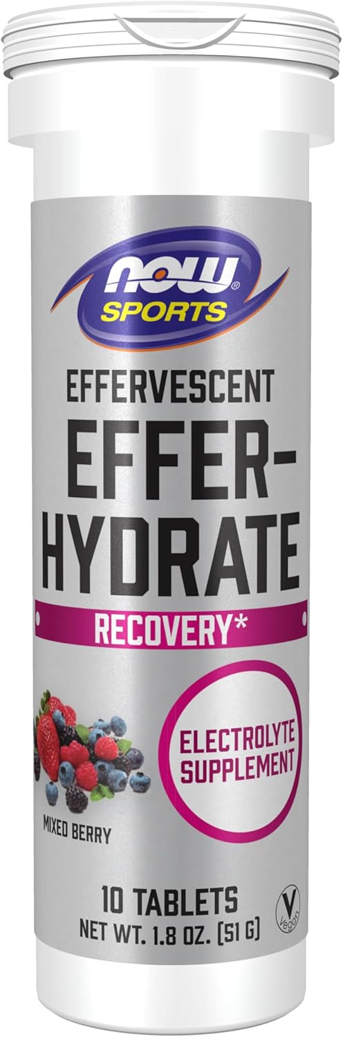 NOW Foods Sports Nutrition Effer-Hydrate Mixed Berry Electrolyte Supplement - 10 Tablets for Recovery and Hydration