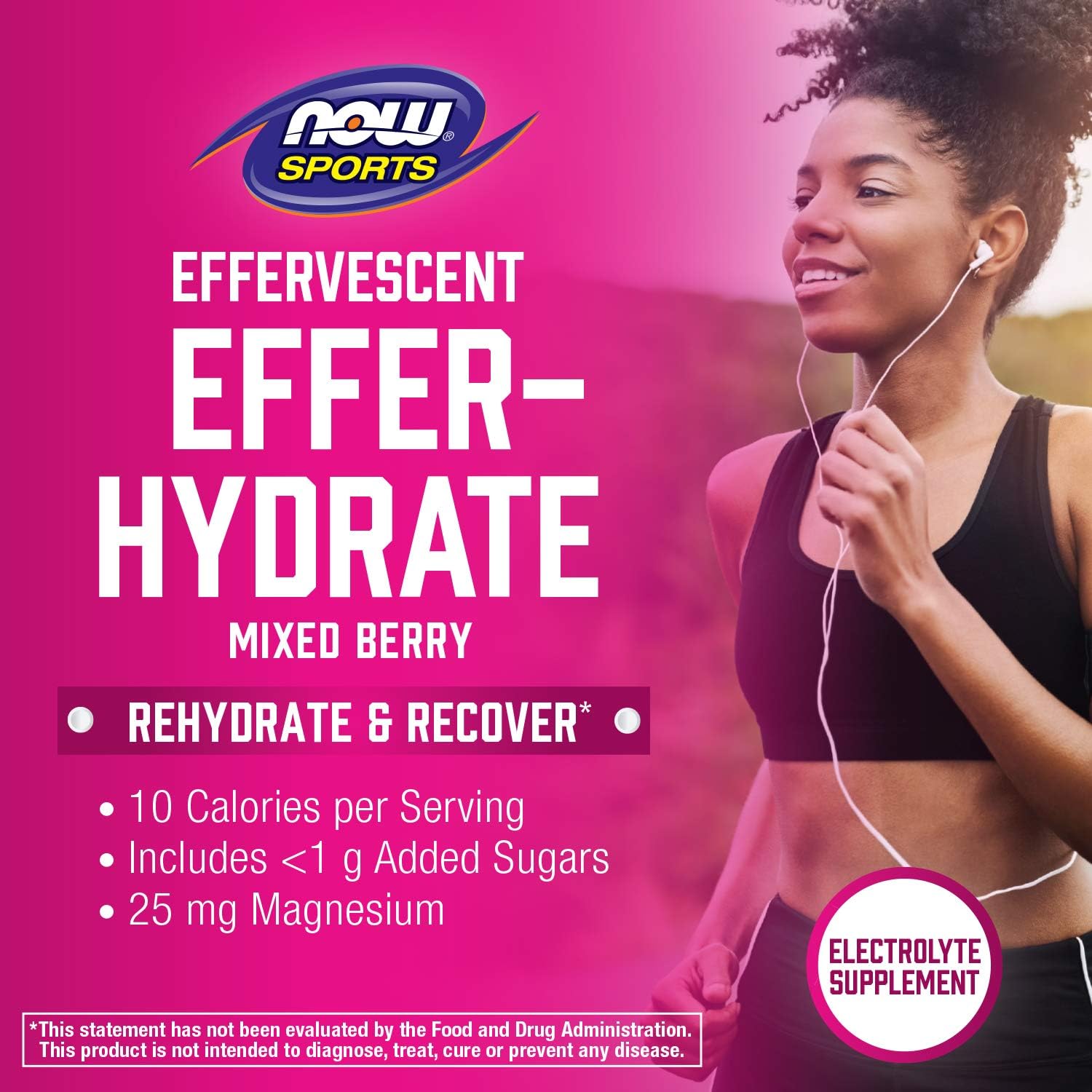 NOW Foods Sports Nutrition Effer-Hydrate Mixed Berry Electrolyte Supplement - 10 Tablets for Recovery and Hydration