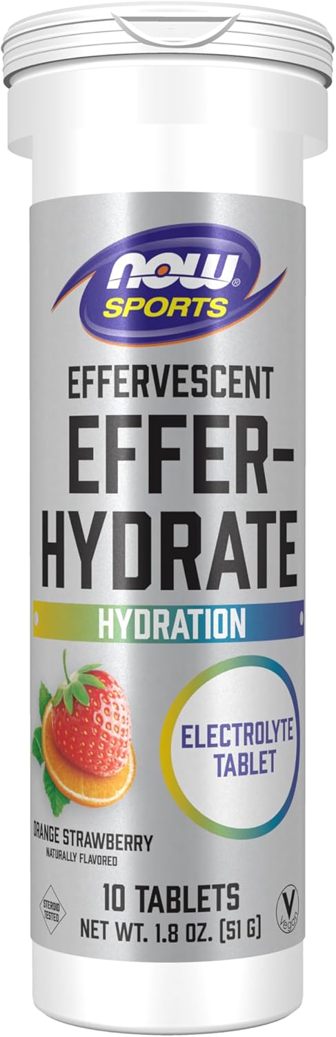 NOW Foods Sports Nutrition Effervescent Effer-Hydrate Electrolyte Supplement Orange Strawberry Tablets for Recovery