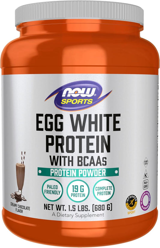 NOW Foods Sports Nutrition Egg White Protein Powder, Creamy Chocolate, 1.5lb - 20g Protein with BCAAs