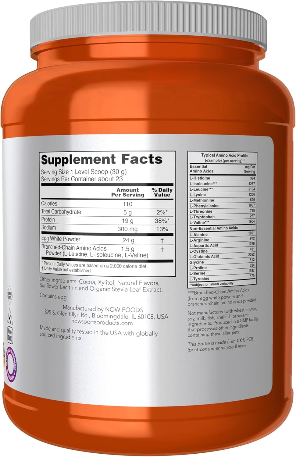 NOW Foods Sports Nutrition Egg White Protein Powder, Creamy Chocolate, 1.5lb - 20g Protein with BCAAs