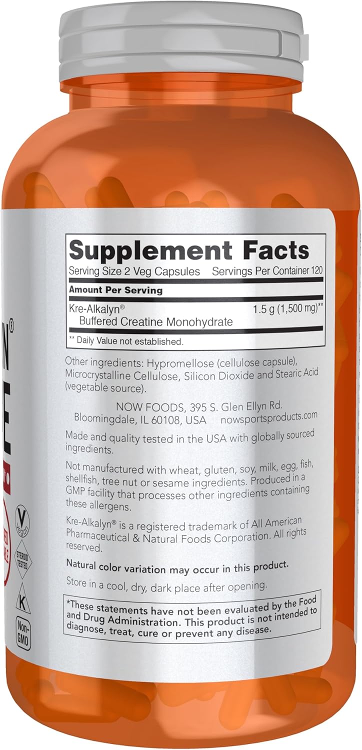 NOW Foods Sports Nutrition Kre-Alkalyn Creatine Capsules - 240 Veg Capsules for Mass Building and Energy Production