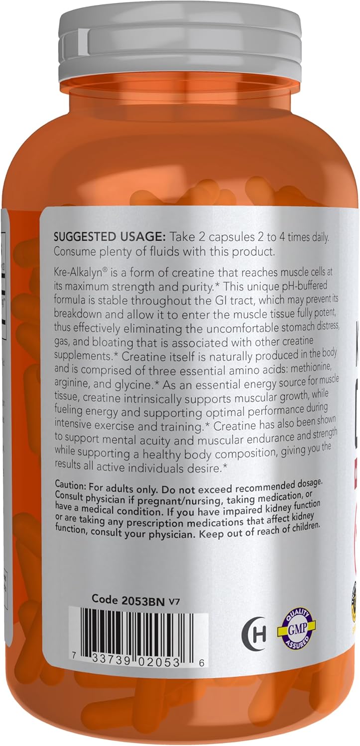 NOW Foods Sports Nutrition Kre-Alkalyn Creatine Capsules - 240 Veg Capsules for Mass Building and Energy Production