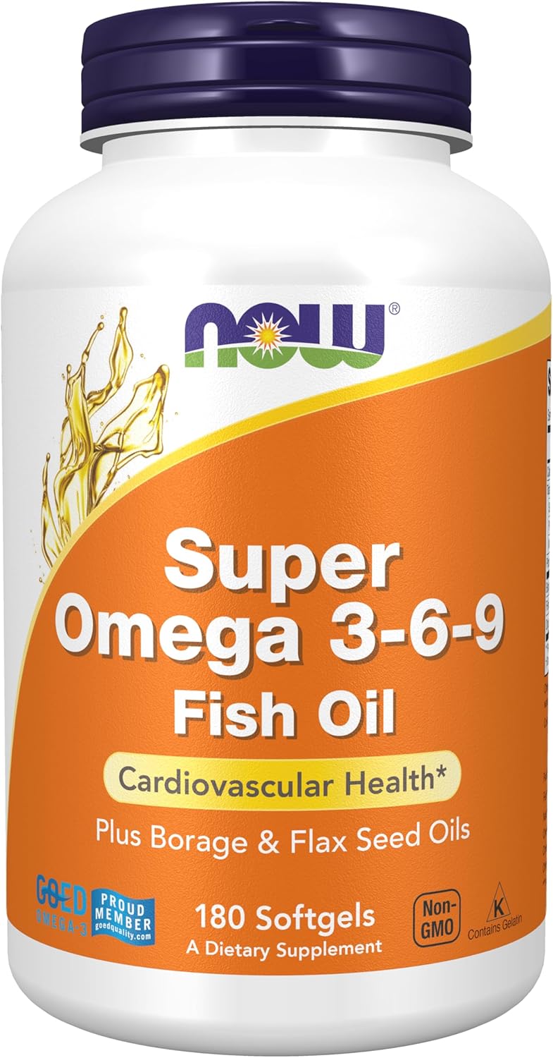 NOW Foods Super Omega 3-6-9 1200 mg Supplements - Fish, Borage, Flax Seed Oils - 180 Softgels