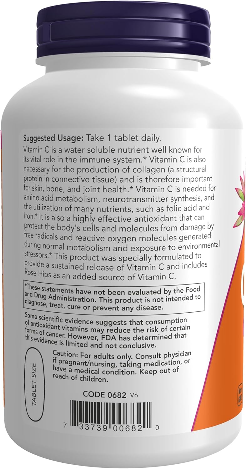 Now Foods Vitamin C-1000 Sustained Release with Rose Hips - 250 Tablets for Immune Support