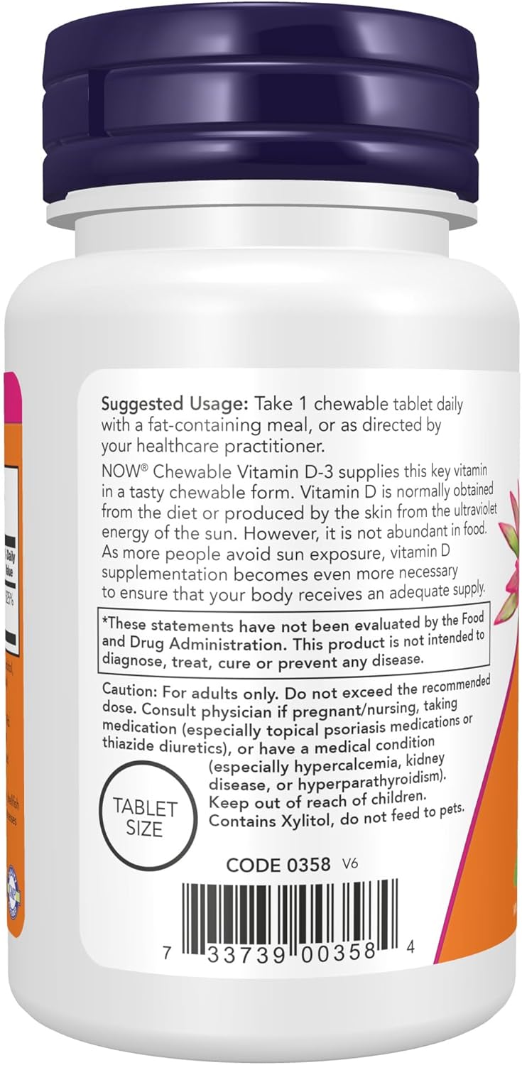 NOW Foods Vitamin D-3 5,000 IU Chewables with Natural Mint Flavor - 120 Count for Structural Support