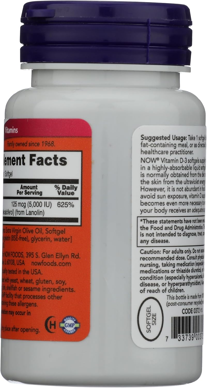 Now Foods Vitamin D3 5000 IU Softgels in Olive Oil, 120 Count