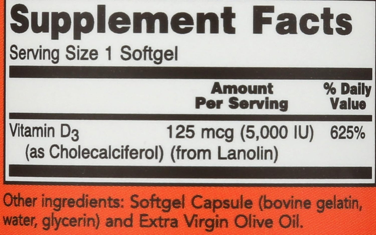 Now Foods Vitamin D3 5000 IU Softgels in Olive Oil, 120 Count