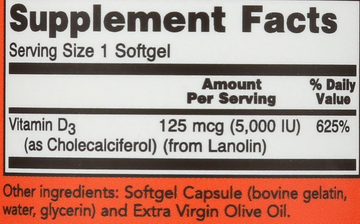Now Foods Vitamin D3 5000 IU Softgels in Olive Oil, 120 Count