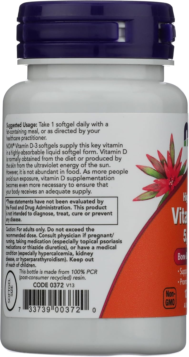 Now Foods Vitamin D3 5000 IU Softgels in Olive Oil, 120 Count