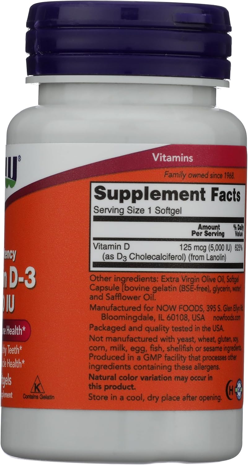 Now Foods Vitamin D3 5000 IU Softgels in Olive Oil, 120 Count