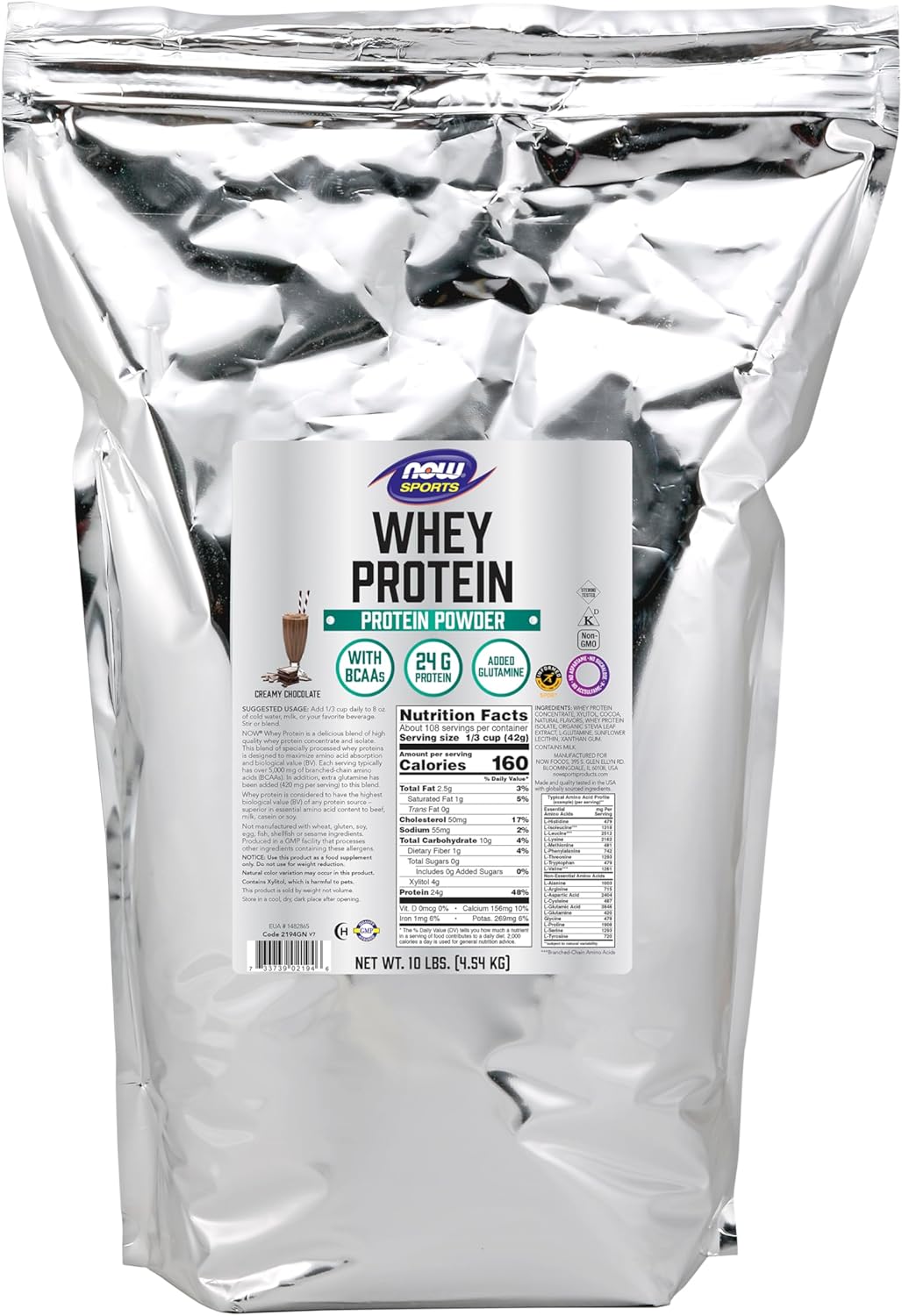 NOW Foods Whey Protein Powder, Creamy Chocolate, 24g BCAAs, 10lb - Sports Nutrition