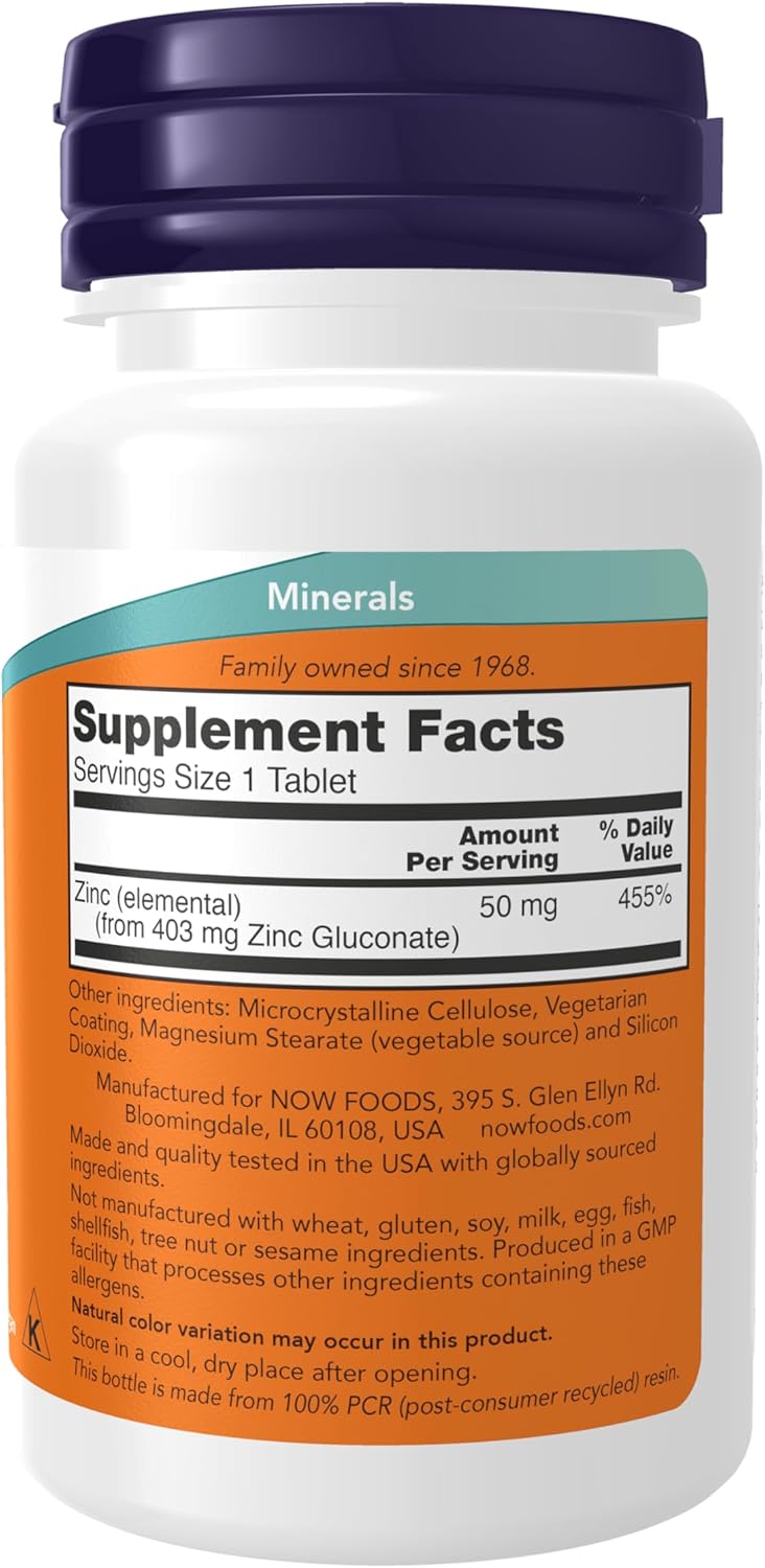NOW Foods Zinc Gluconate 50mg Tablets for Enzyme Function and Immune Support - 100 Count