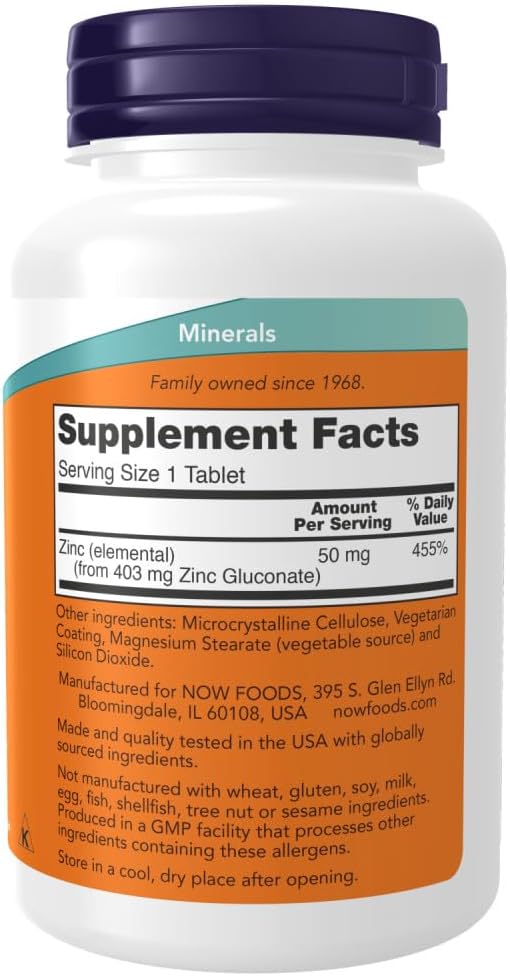 Now Foods Zinc Gluconate Tablets - 250 Count, 405mg, White, Unflavored
