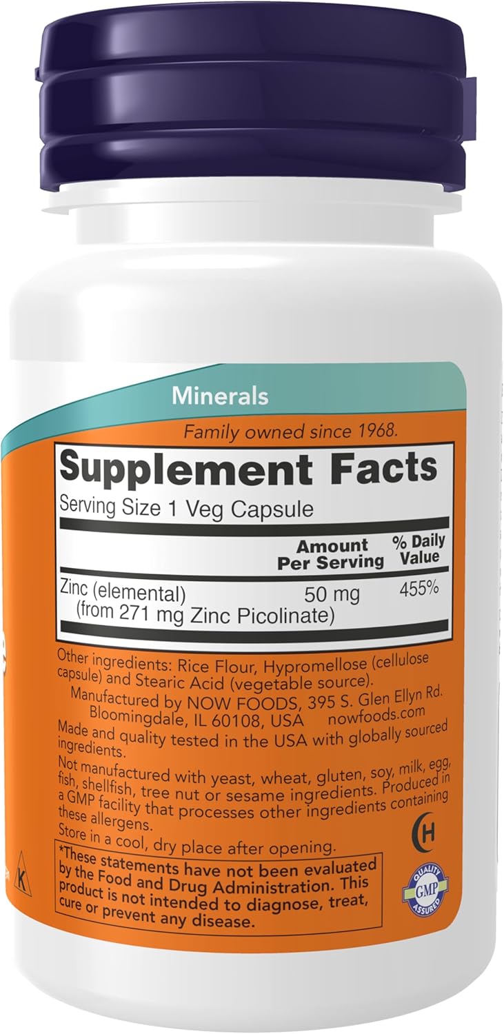 NOW Foods Zinc Picolinate 50mg - Enzyme Function & Immune Support - 30 Veg Capsules