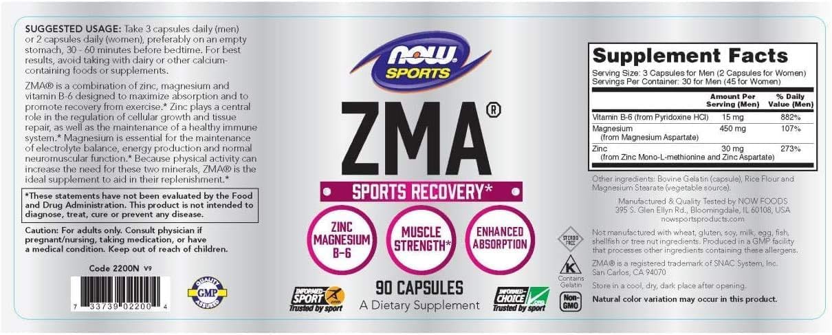 NOW Foods ZMA Sports Nutrition Supplement, Enhanced Absorption for Sports Recovery, 90 Capsules