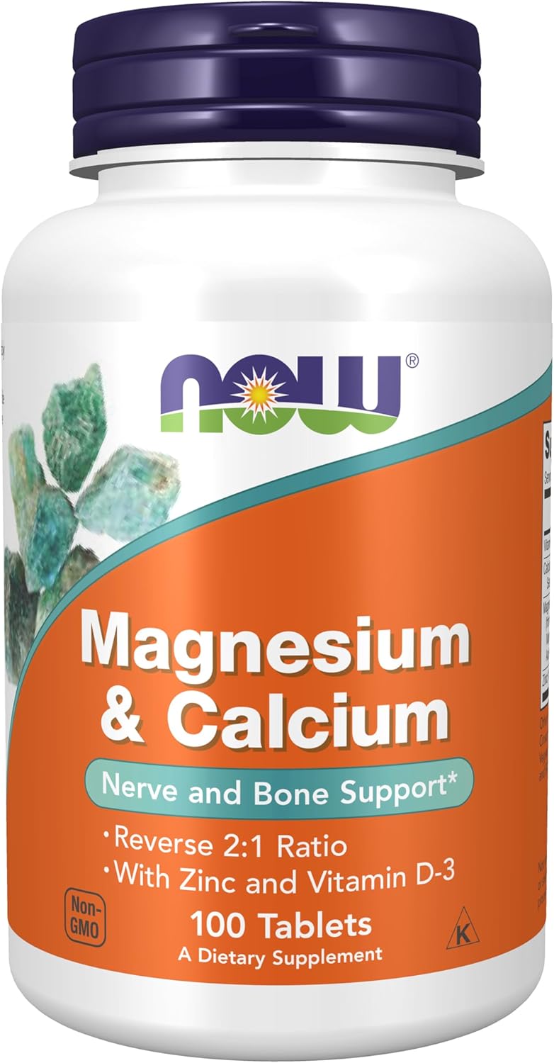 NOW Magnesium, Calcium, Zinc, and Vitamin D-3 Supplement for Nerve and Bone Support - 100 Tablets