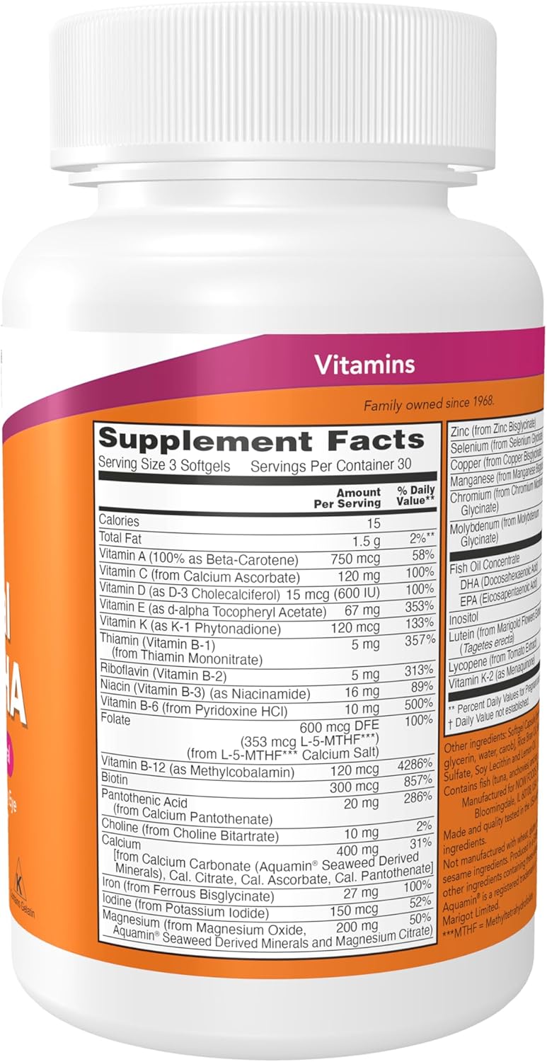 NOW Prenatal Gels + DHA Supplement with Borage Oil, 90 Softgels - 250mg DHA per Serving