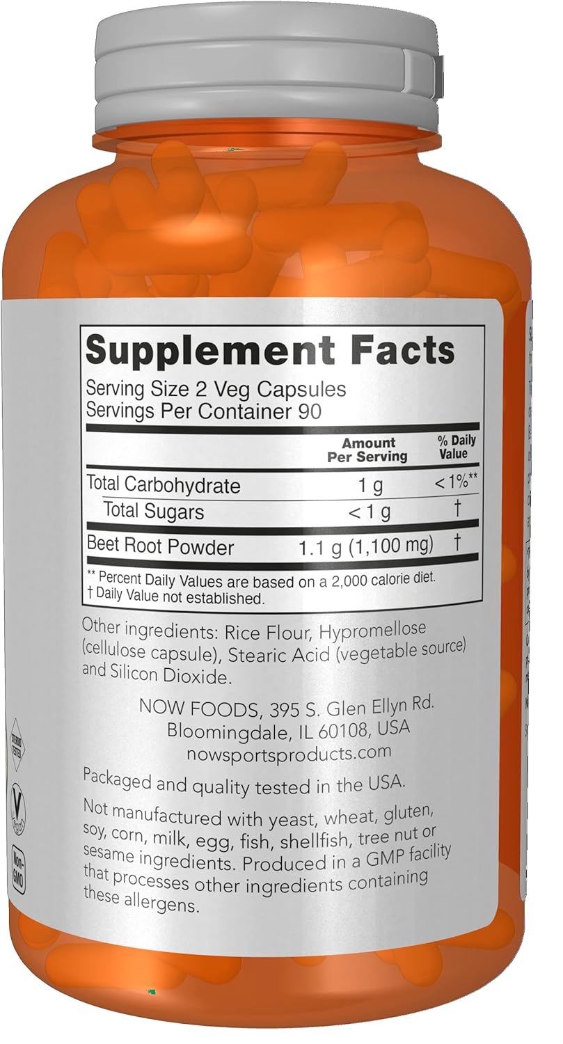 NOW Sports Beet Root Veg Capsules - 550mg, Immune System Support, Sports Nutrition, Naturally Occurring Nitrates - 180 Count