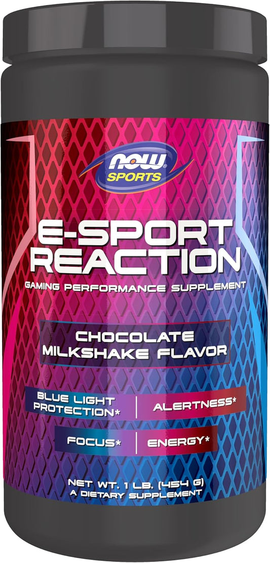 NOW Sports Esport Reaction Supplement - Chocolate Milkshake Flavor - Boost Gaming Performance with Crash-Free Energy and Blue Light Protection - 30 Servings