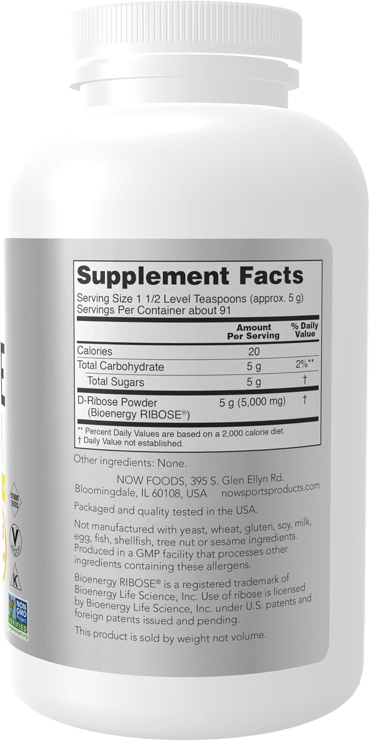 NOW Sports Nutrition D-Ribose Powder 5000mg - Non-GMO Energy Production Supplement - 16oz
