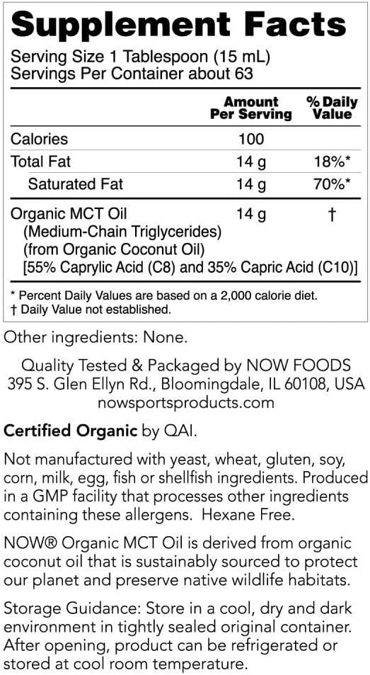 NOW Sports Nutrition Organic MCT Oil 32 oz Plastic Bottle - Medium-chain Triglycerides Supplement