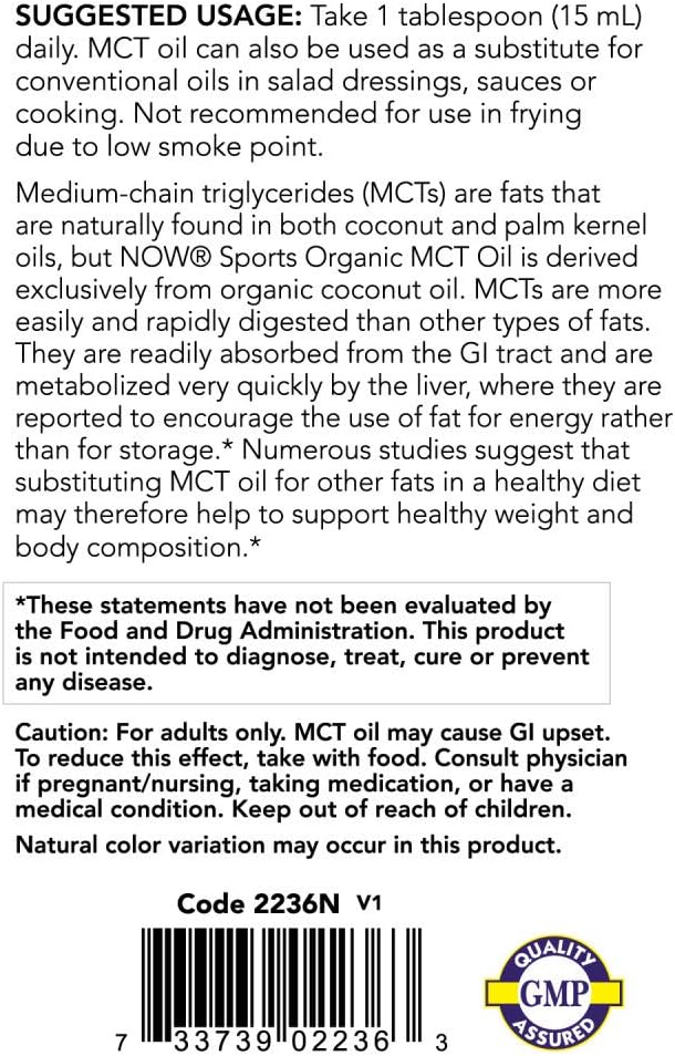 NOW Sports Nutrition Organic MCT Oil 32 oz Plastic Bottle - Medium-chain Triglycerides Supplement