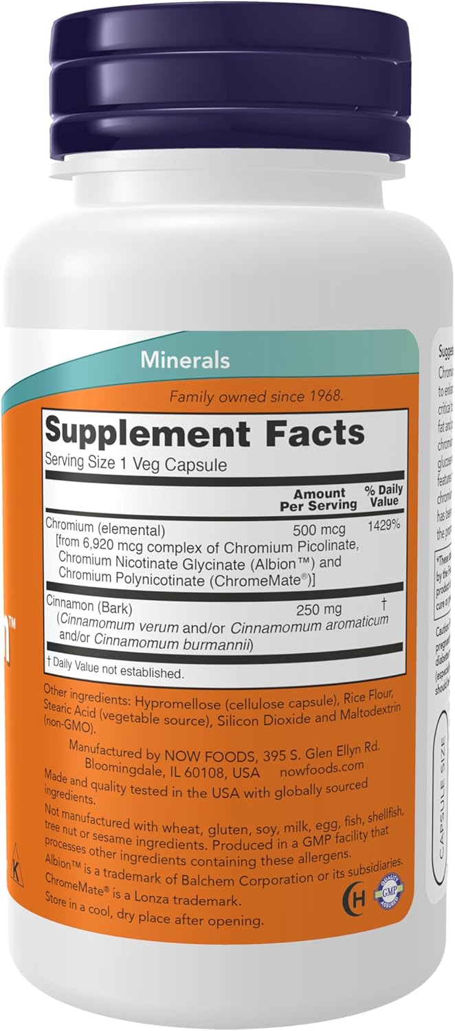 NOW Supplements Tri-Chromium 500 mcg with Cinnamon - Insulin Support - 90 Veg Capsules