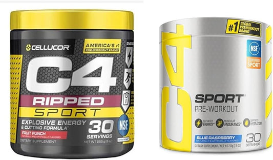 NSF Certified Cellucor C4 Ripped Sport Fruit Punch Pre Workout Powder + Sugar Free Blue Raspberry C4 Sport Energy Powder