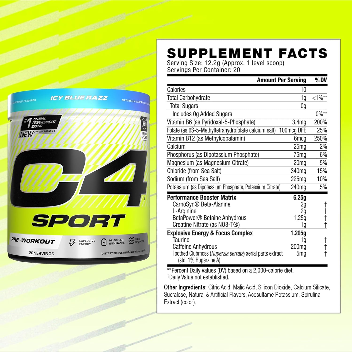 NSF Certified Cellucor C4 Sport Pre Workout Powder - 200mg Caffeine + Creatine + Beta-Alanine - Electrolytes and Energy Supplement - ICY Blue Razz, 20 Servings