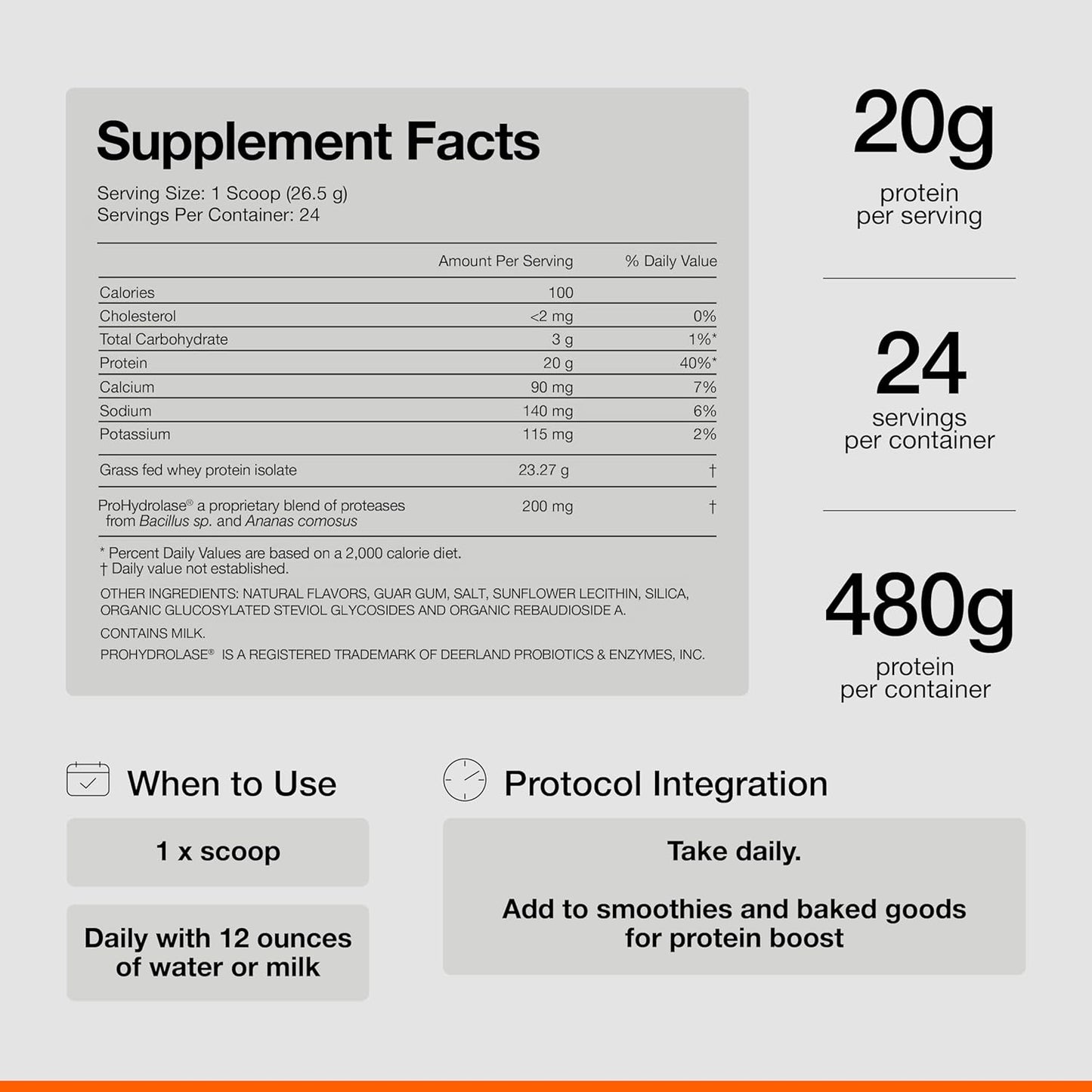 NSF Certified Grass-Fed Whey Protein Powder - 20g Isolate Protein, Gluten-Free Vanilla Flavor - 24 Servings for Daily Use