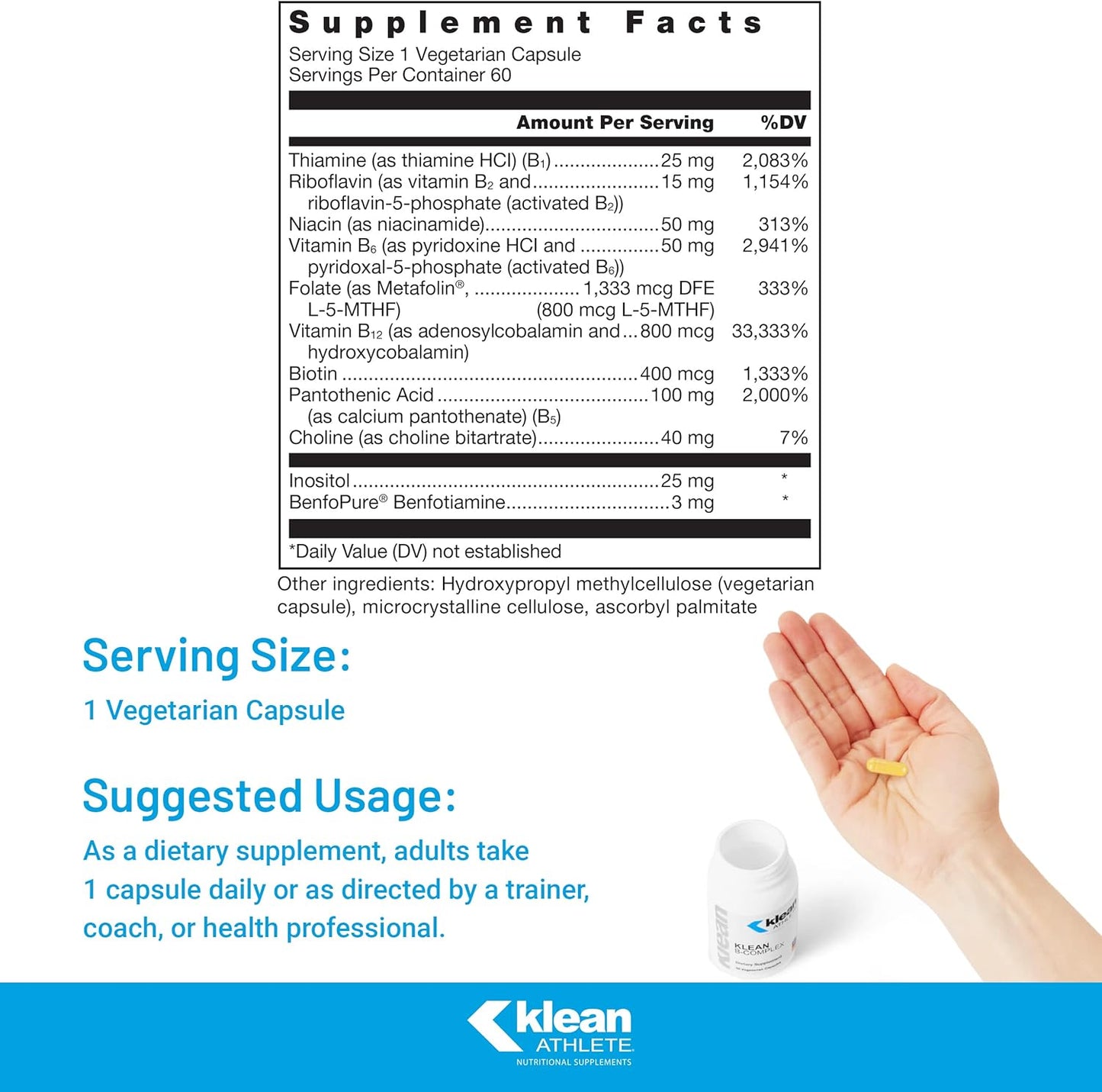 NSF Certified Klean ATHLETE B-Complex Capsules for Energy, Cardiovascular and Cellular Support - 60 Vegetarian Capsules