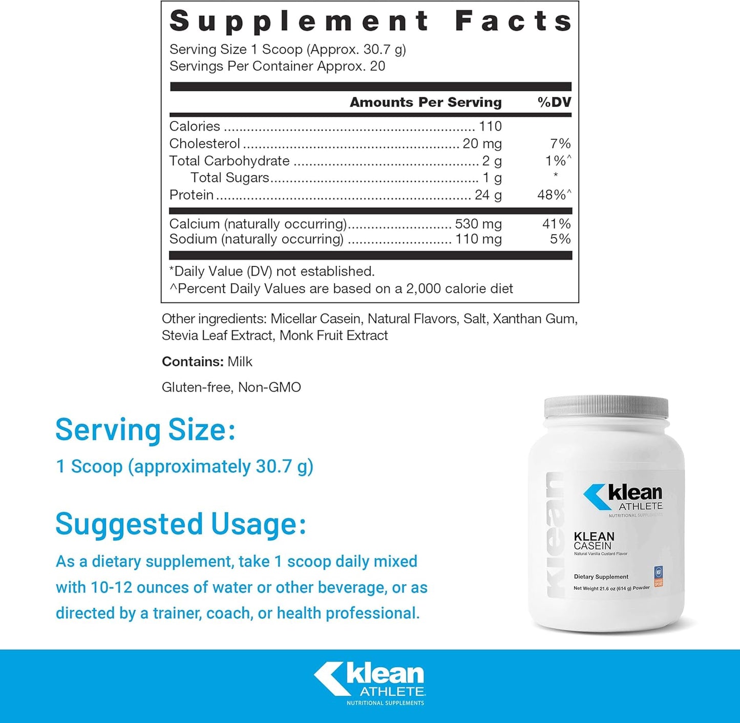 NSF Certified Klean ATHLETE Casein Protein for Recovery & Muscle Support - 21.6 oz Natural Vanilla Custard Flavor