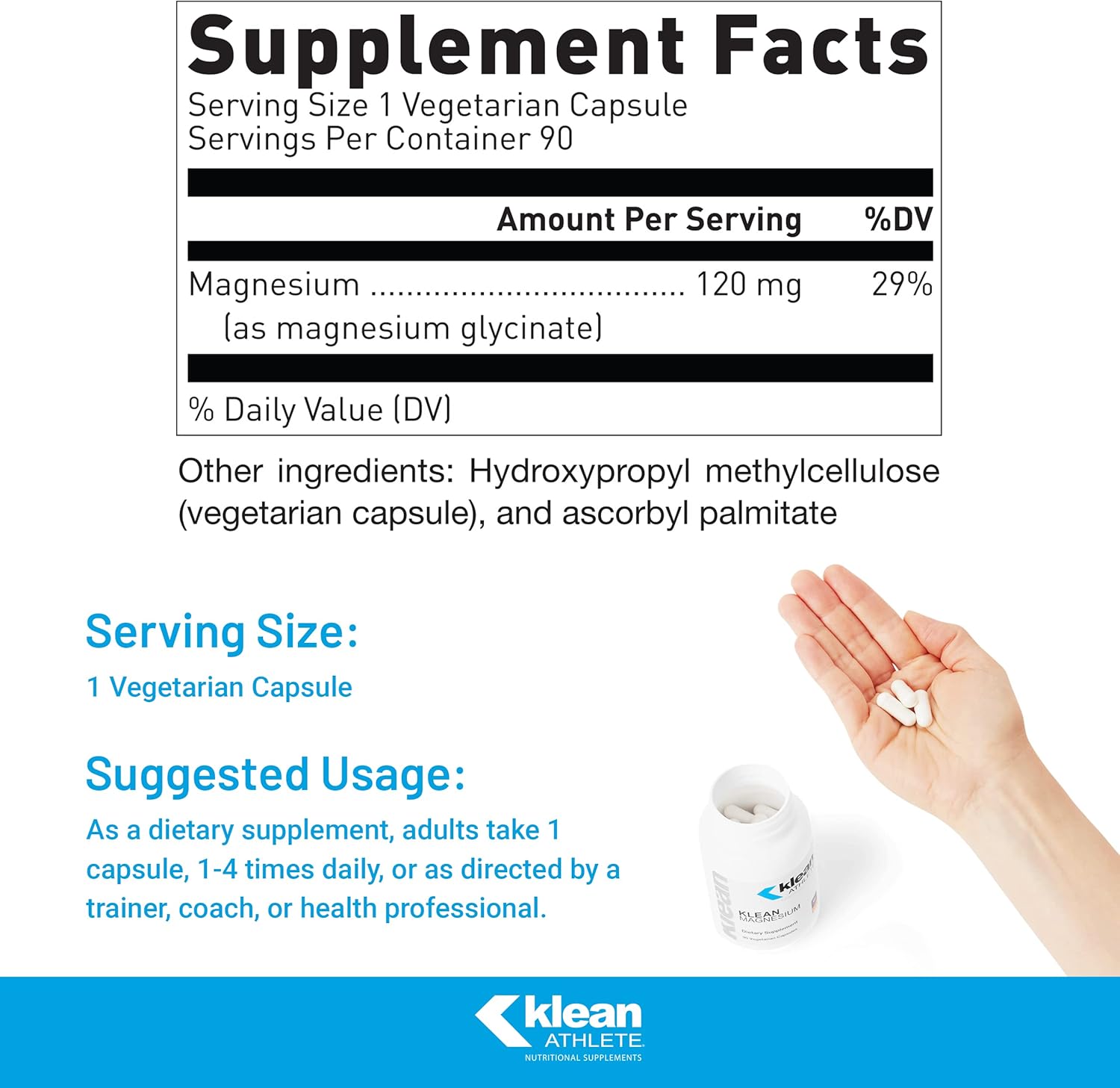 NSF Certified Klean ATHLETE Magnesium Capsules - Supports Energy Production, Muscle Function, and Recovery - 90 Vegetarian Caps