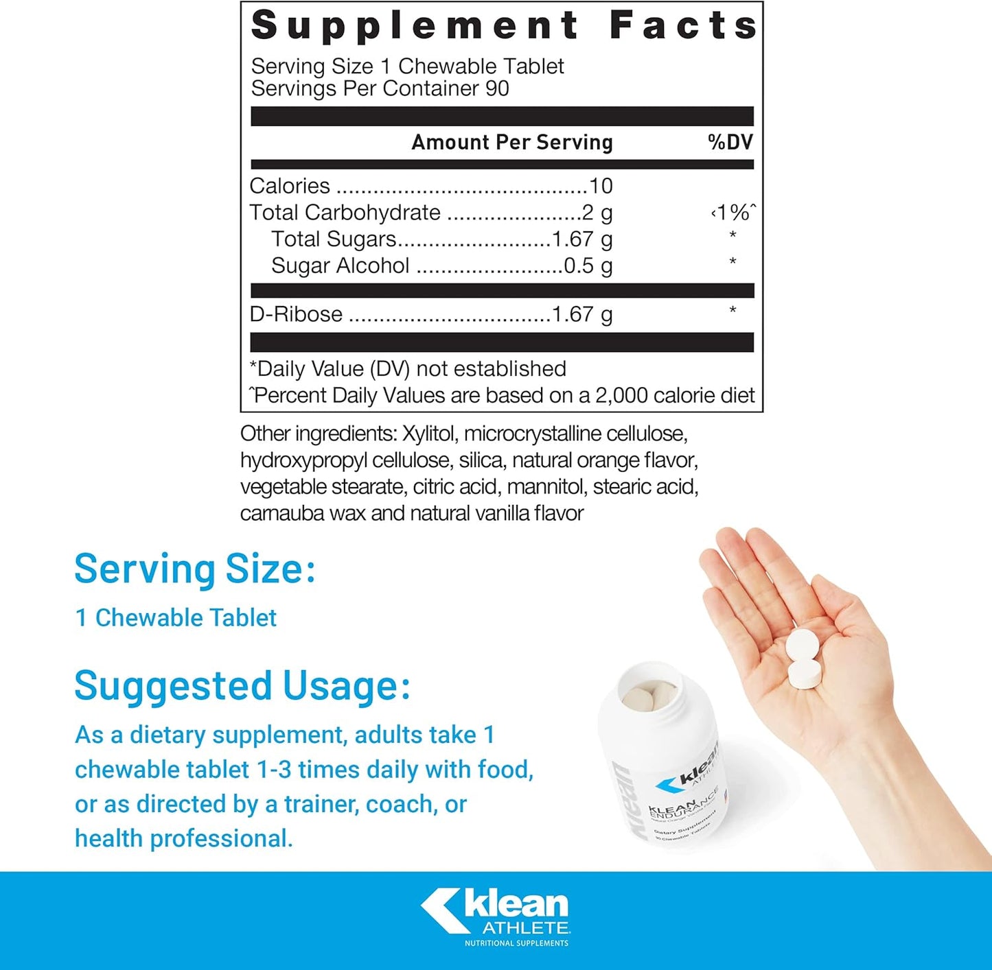 NSF Certified Klean Endurance Chewable Tablets with D-Ribose for Energy & Cardiac Support - 90 ct - Orange Vanilla Flavor