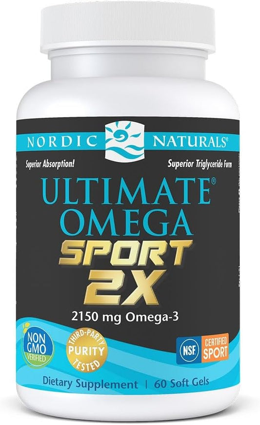NSF Certified Nordic Naturals Ultimate Omega Sport 2X Lemon Flavor Soft Gels - 2150mg Omega-3 - Heart & Muscle Health - Non-GMO - 30 Servings