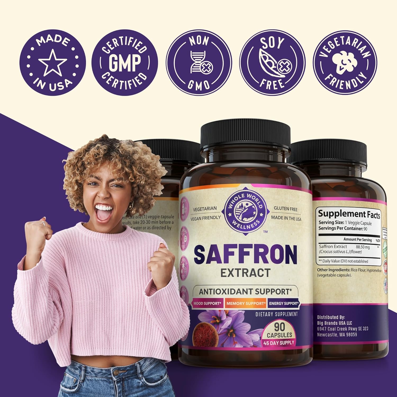 NSF Certified Pure Saffron Extract for Weight, Appetite, Mood & Memory Support - 45-Day Supply for Men & Women